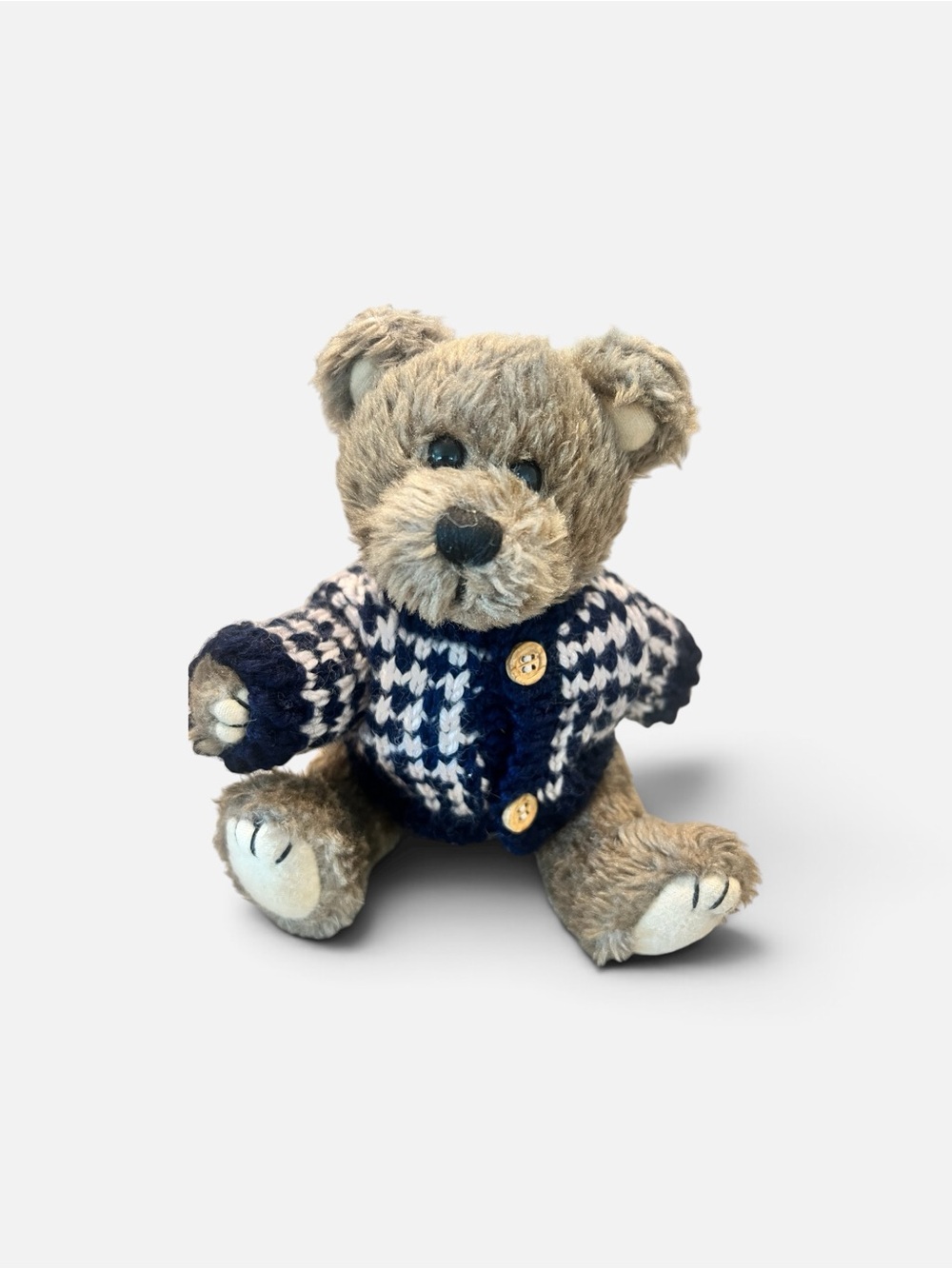 Vintage 1998 Hugfun Teddy Bear with Navy and White checkered Knit sweater
